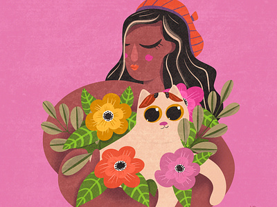 Black woman with cat and flowers blackskin cat character colourful flowers illustration woman