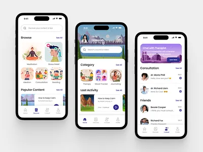 MindCare - Mental Health Mobile App android app anxiety app calm clean creative design doctor health healthcare ios app meditation mental health mindfulness mobile ui therapist ui uiux ux wellness