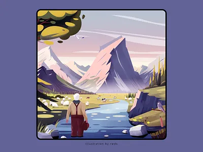 Mountain bird growth horse illustration landscape mountain oldman river sheep tree trees