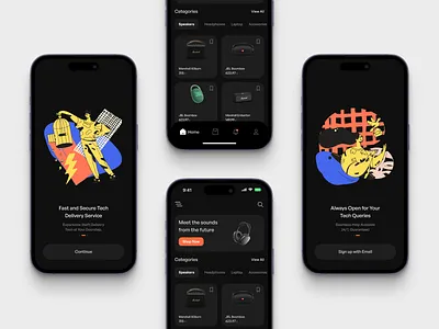 Tech E-Commerce App UI — Seamless Shopping in Your Pocket application design cleandesign commerce design e commerce home illustrations inspiration interface ios iphone navigation bar onboarding product design shop shoping technology ui uiux ux