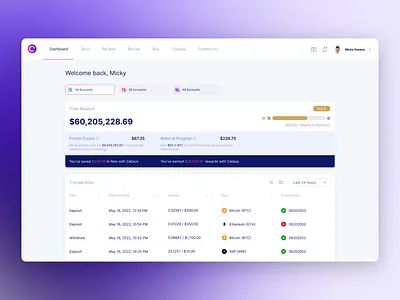 Celsius - Dashboard account app balance bank banner crypto custody dashboard deposit earn finance header hero home money product rewards transactions ux web