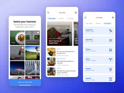 News Feed aura digest feed horoscope interests likes mobile module news personal product topics ui ux