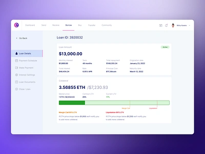 Celsius - Loan Details app borrow collateral crypto details health kpi lifetime loan ltv money process product profile rate status ui ux value web