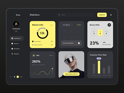 Analytics Dashboard analyticsdashboard businessintelligence cards dark dark mode dashboarddesign dashboardinspiration dashboardlayout dashboardui datadashboard datadrivendesign datavisualizationtools graphicalrepresentation informationdesign left navigation uidesign userexperience visualanalytics yellow