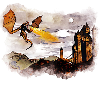 Dragon spitting fire upon old castle design dragon illustration watercolor