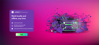 web icon old tape recorder and color splashes horizontal banner message