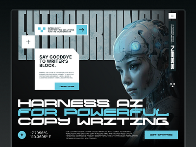 AI Copywriting Website adina ai ai girl artificial intelligence awesome beautiful blue bot dark mode dark theme desktop futuristic robot vibrant website