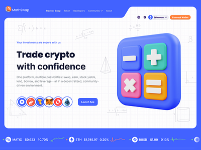 Landing Page / Home Page UI / MathSwap Crypto swap UI 2023 artora crypto swap defi dutopia header hero header landing page modern ui neel litoriya neelart nft pancakeswap trading trading crypto ui