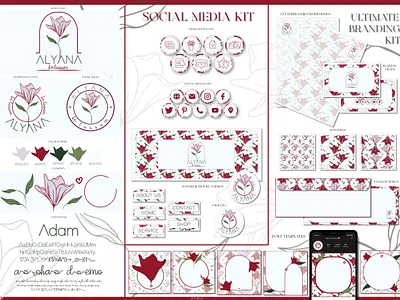 Botanical flower feminine branding kit design for Alyana brand element brand guides branding branding kit business cards business logo color codes design illustration ui
