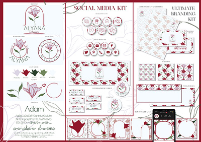Botanical flower feminine branding kit design for Alyana brand element brand guides branding branding kit business cards business logo color codes design illustration ui