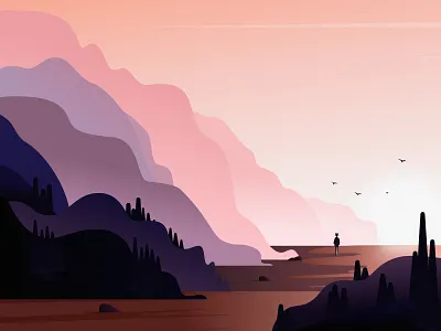 Algarve is warm and calm bird blue brown cloud design illustration mountain people pink purple sea sky stone sun tree