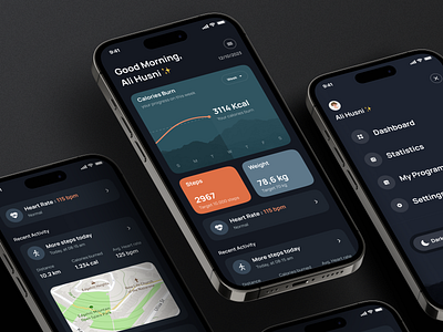 Health Tracking Mobile App - Tracky 3d analytics app darkmode app design darkmode design graph health app healthcare minimalist mobile mobile app mockup presentation side navigation statistics tracking app ui ux workout app