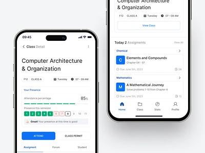Educational App → Student Side active assignment attend attendace business app campus app chart class detail educational app mobile mobile app dashboard mobile app design product kit reschedule saas statistics stats student list student presence upcoming class