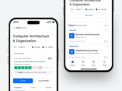 Educational App → Student Side active assignment attend attendace business app campus app chart class detail educational app mobile mobile app dashboard mobile app design product kit reschedule saas statistics stats student list student presence upcoming class