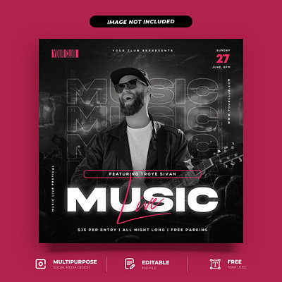 Music Live with Paper Style Social Media Post Template digitaldesign. dj music party music party paperart