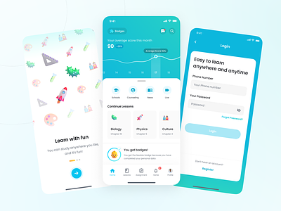 Scoofield - Onboarding, Home, and Login app assignment badges clean course design lessons login minimal online online course quiz school score sign up statistics student teacher ui ux