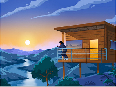 Sunset in The Cabin airbnb assets background cabin design hills home house illustration illustrator interrior landscape scenery staycation sunset vacation