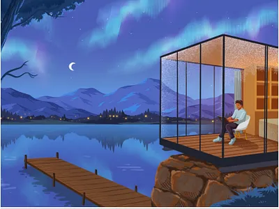 Cabin & Lake assets aurora cabin design hotel illustration lake landscape night scenery staycation vacation villa walllpaper wfh work workingfromanywhere workingspace