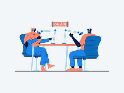 Podcast Streaming character conversation creative educate entertaining header host illustration people podcast streaming ui