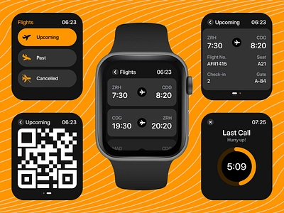 Flights and Tickets Management Apple Watch App ✈️ apple watch black design flight ios management orange plane smart watch ticket tracker ui ui design uiux user interface ux uxdesign vibrant watch watchos