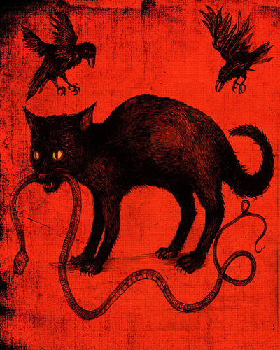 the snake eater cat dark gothic illustration ink old style tarot