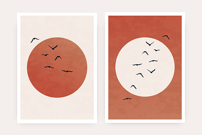 Abstract nature posters abstract art birds contemporary decor design geometric illustration minimal minimalist modern moon nature poster print silhouettes simple sun vector