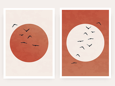Abstract nature posters abstract art birds contemporary decor design geometric illustration minimal minimalist modern moon nature poster print silhouettes simple sun vector