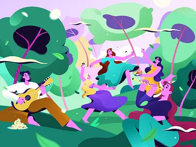 Nutrition app animation app branding clouds dance dishes girls guy health illustration leaves lightness music nutrition proper trees ui