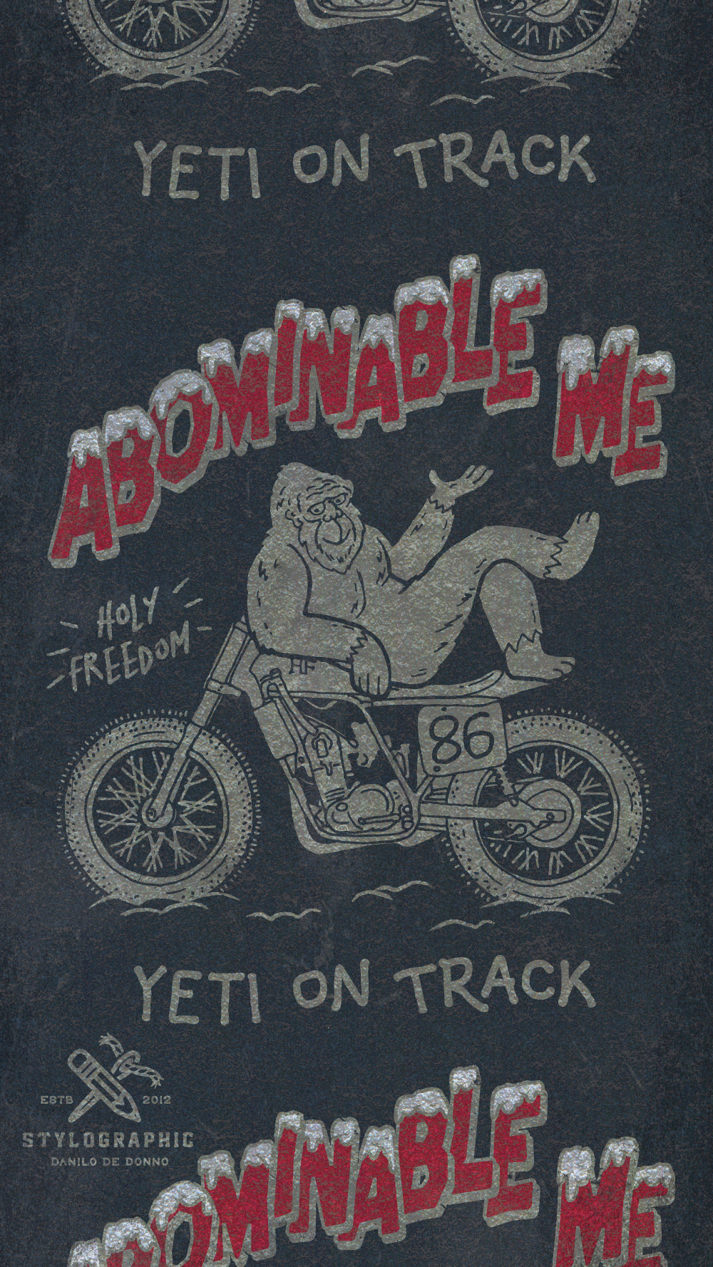 Abominable Me cafe racer cartoon cartoon design character graphic design illustration motorcycle motorcycle print print apparel print design screenprinting textile design textile print tshirt design tshirt print typography vintage vintage print