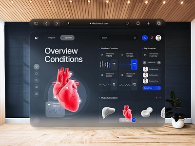 Medizinisch - Apple Vision Pro Spatial Healthcare Dashboard UI apple apple design apple vision apple vision pro ar design augmented reality dashboard dashboard ui design health health care ios medicine modern product design spatial ui ui ux virtual reality visionos