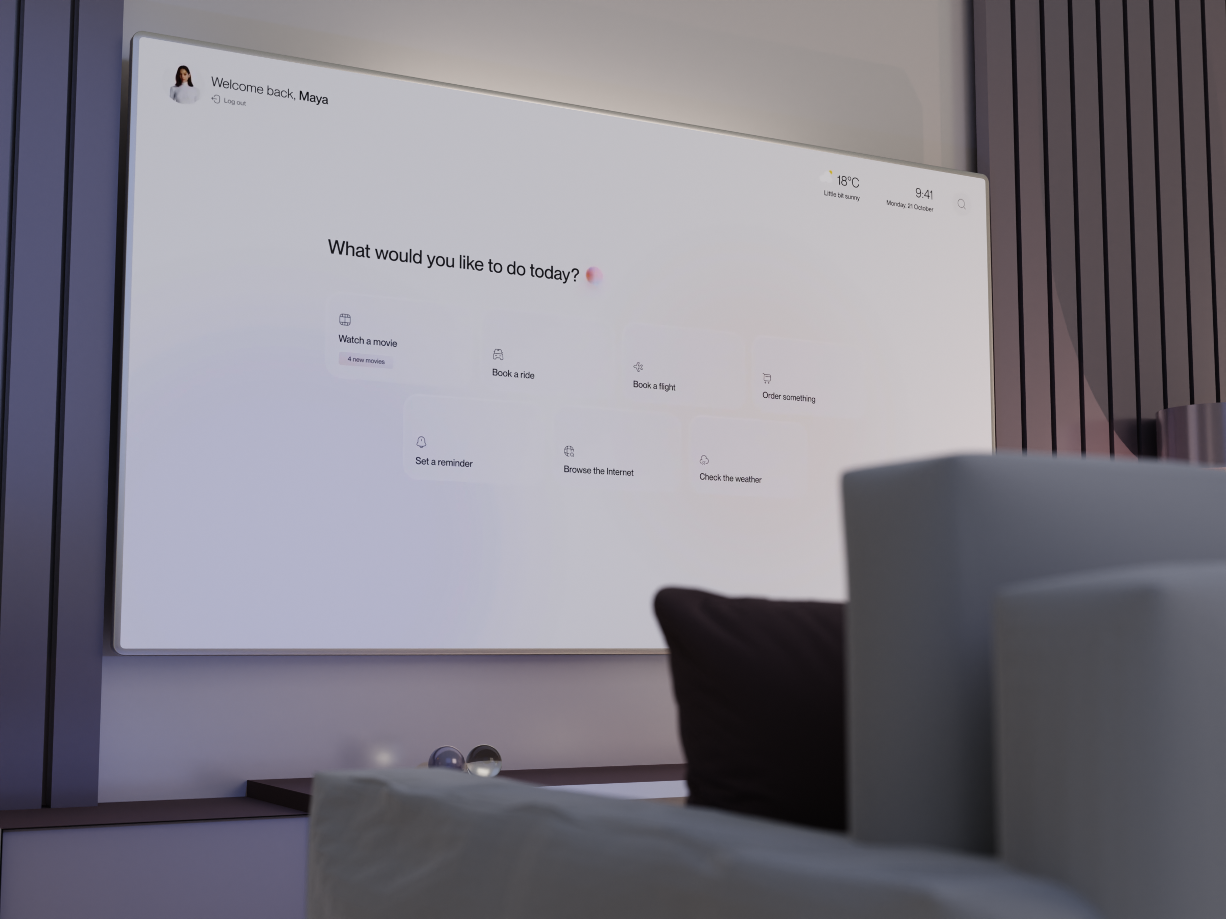 AVA - Artificial Virtual Assistant (Smart TV) ai animation app design minimal motion graphics movies sci fi smart tv tv ui uiux ux weather