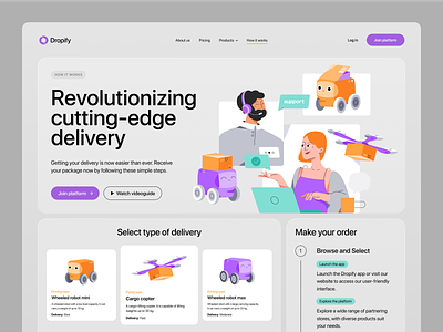 Dropify - How it works page ai delivery ai startup art b2b business software b2b delivery system call center customer service website delivery platform food delivery hardware how it works illustration interface landing page qclay robots delivery service smart delivery platform software company website ui ux webdesign