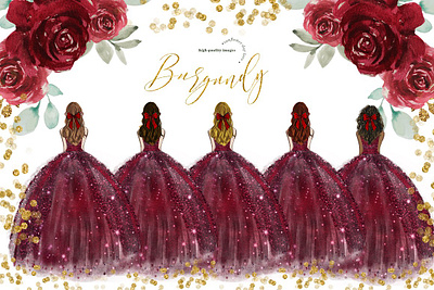 Burgundy Princess Dress Clipart quinceanera