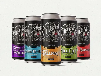 Vulgar Brewing Company Beer Label Designs beer beer can beer label branding brewery craft craft beer engraving graphic design hand drawn illustration label design line art logo packaging design typography woodcut