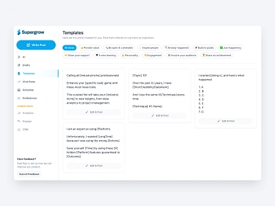 Templates app design cards filters generate content linkedin marketing schedule post sidebar social media post templates ui ui design ux ux design web web app web design write content