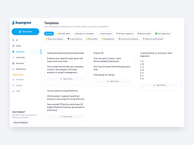 Templates app design cards filters generate content linkedin marketing schedule post sidebar social media post templates ui ui design ux ux design web web app web design write content