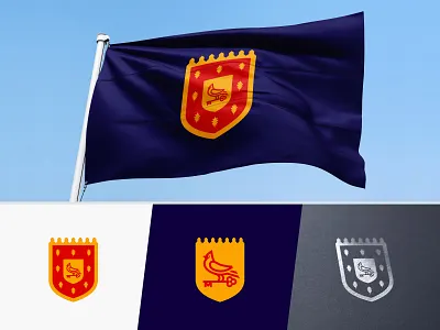 Northern Cardinal Family Crest badge bird blue cardinal crest emblem flag heraldic heraldry key leaf leaves letter m oak patch red seal shield