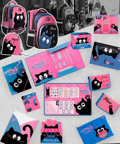 Stationery collection for the YES brand backpack cat for children graphic design stationery