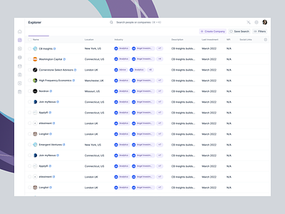 Investor Profiles cards dashboard listing product design search sidebar table ui ux