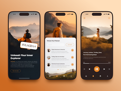 Podcasts App — Mobile Design ai app audio design figma illustration interface ios listening mobile photoshop podcast travel typography ui user interface ux uxui warm colors