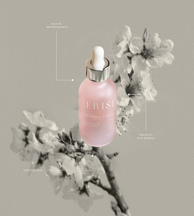 Serum banner | CERISE SKINCARE advertisement aesthetic banner bottle branding cherry cosme cosmetics design flowers graphic design marketing minimalistic packaging pink poster serum social media sophisticated