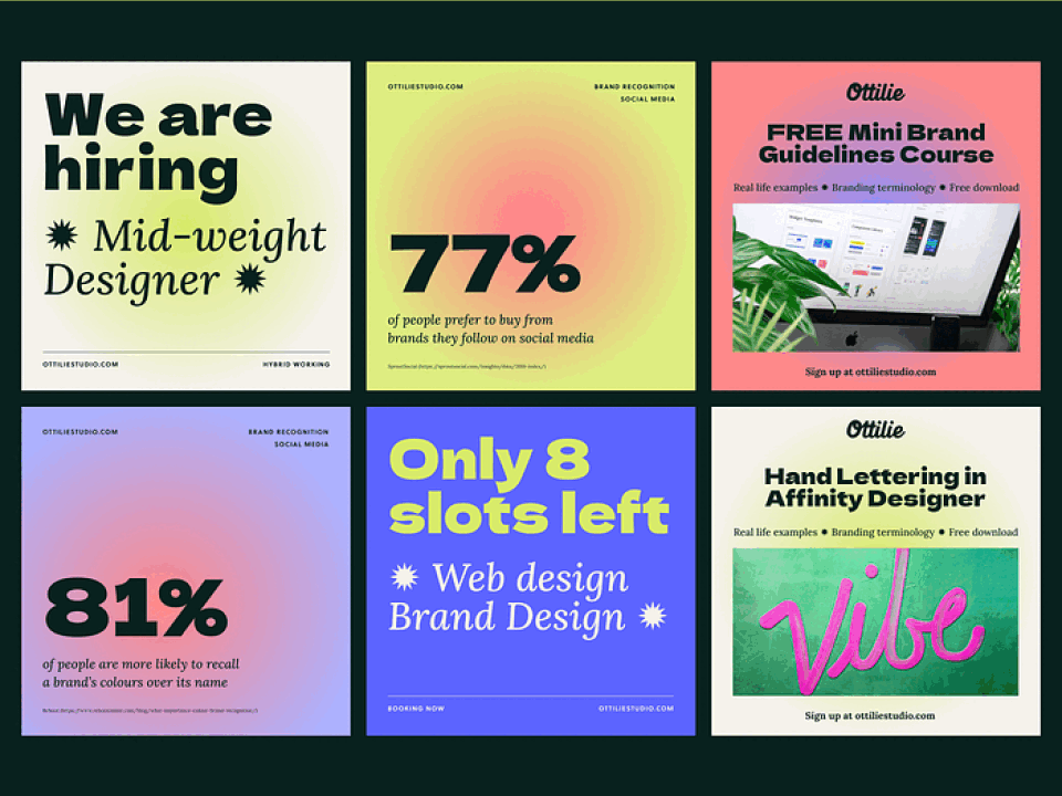 Ottilie Studio: Vibrant Social Media Branded Templates bold font branding bright colorful colourful content coral dark green dela gothic one display font gradient lime green marketing modern online posts purple social media template typography