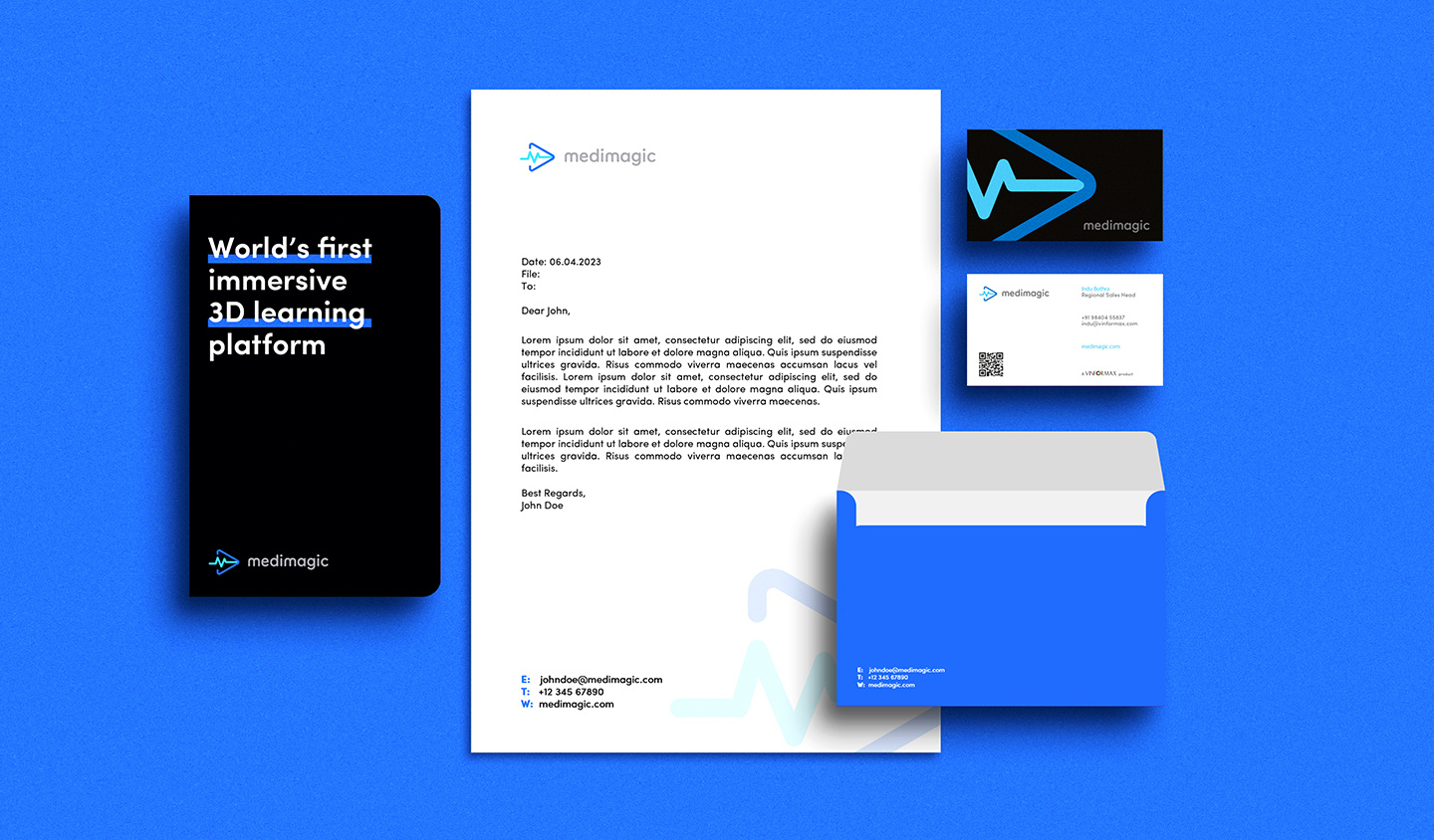 MediMagic Brand Identity 3d app icon brand identity branding business card case study collaterals effendy healthcare identity learning logo logomark magic medical medimagic platform play logo print media stationery