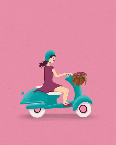 Riding in Style art for license art for sale available for license bike digital illustration dress flower basket helmet illustration lady riding a scooter motorbike motorcycle pink procreate rider scooter teal tires vespa woman riding