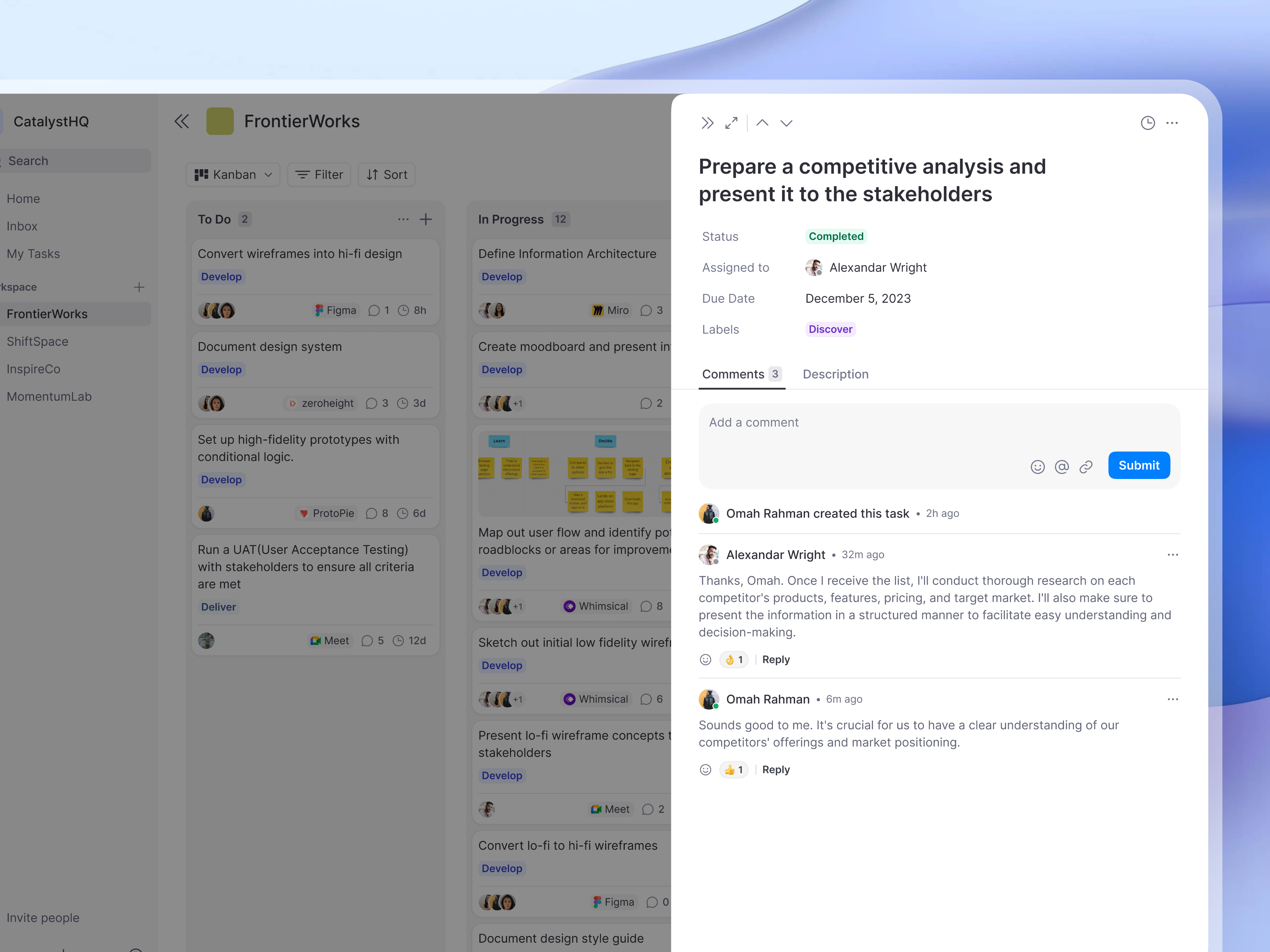 Example of Task and comments Drawer