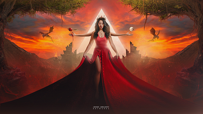 Power In Red artwork crown digital paint dragon edit epic epic wallpaper fantasy art flying graphic design javad jablaghi moon mountain painting photomontage sunset woman in red