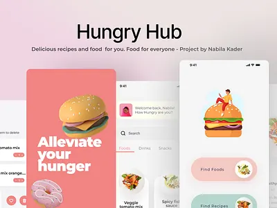 Hungry Hub - Food delivery and recipe app 3d app app design clean design foodie app minimal recipeapp ui ui design uiux ux