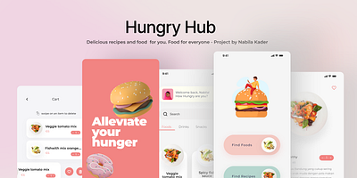 Hungry Hub - Food delivery and recipe app 3d app app design clean design foodie app minimal recipeapp ui ui design uiux ux