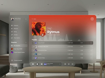 Music Player UI - Spatial Design 2023 3d app apple artist audio design isometric itunes living music playlist pro room rytmus spatial spotify vision wwdc