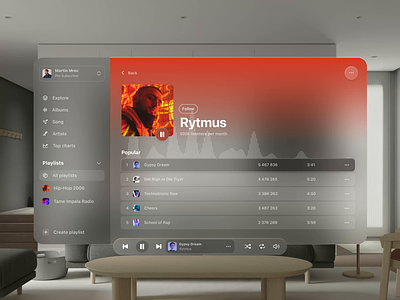 Music Player UI - Spatial Design 2023 3d app apple artist audio design isometric itunes living music playlist pro room rytmus spatial spotify vision wwdc